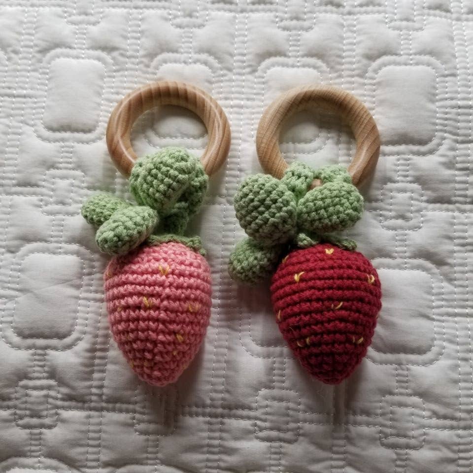 Strawberry Hand Crochet Orange Cotton Rattle - Fruit: Red