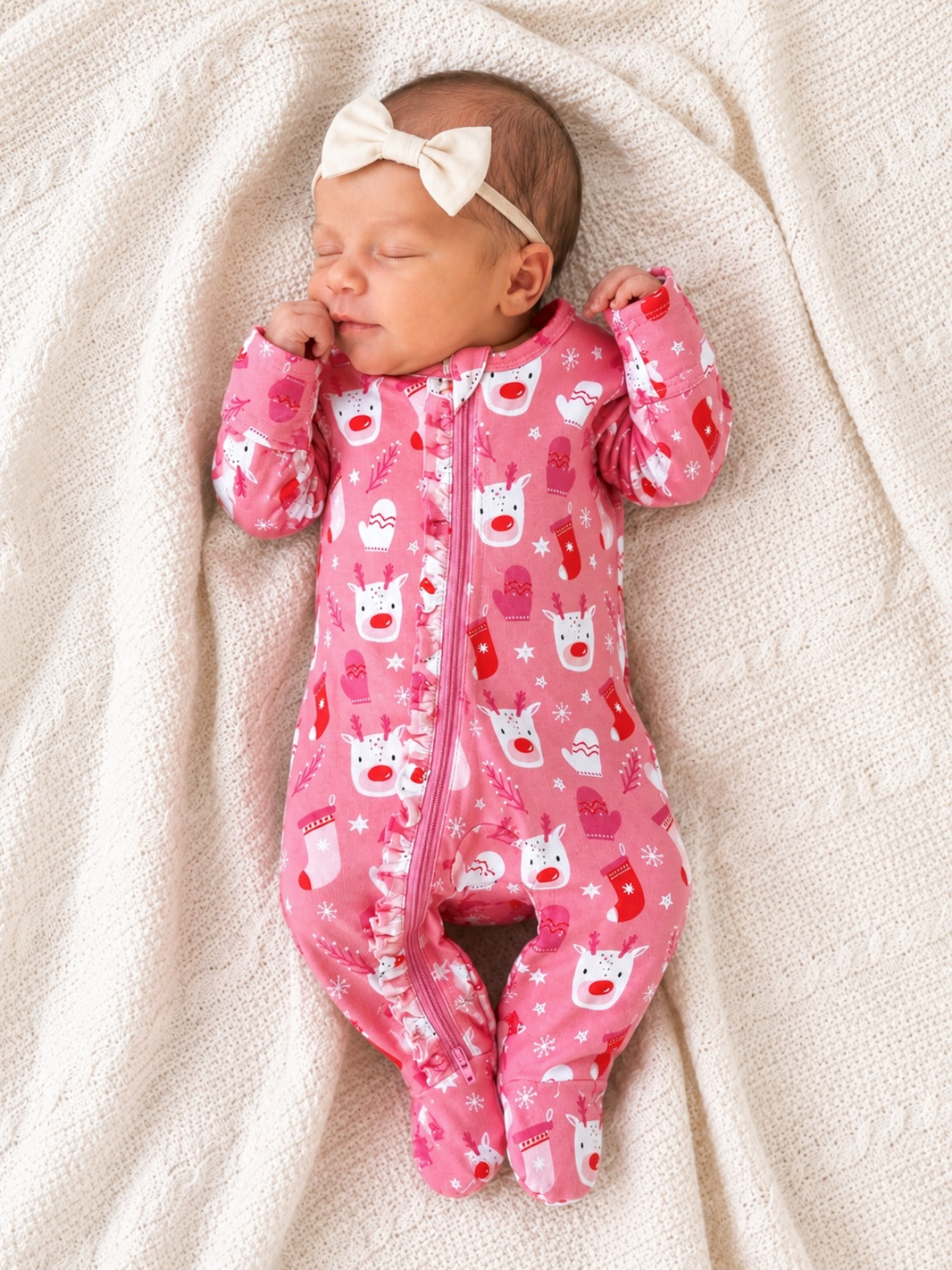 Reindeer Pink / Organic Frill Zip Footie: 0-3M