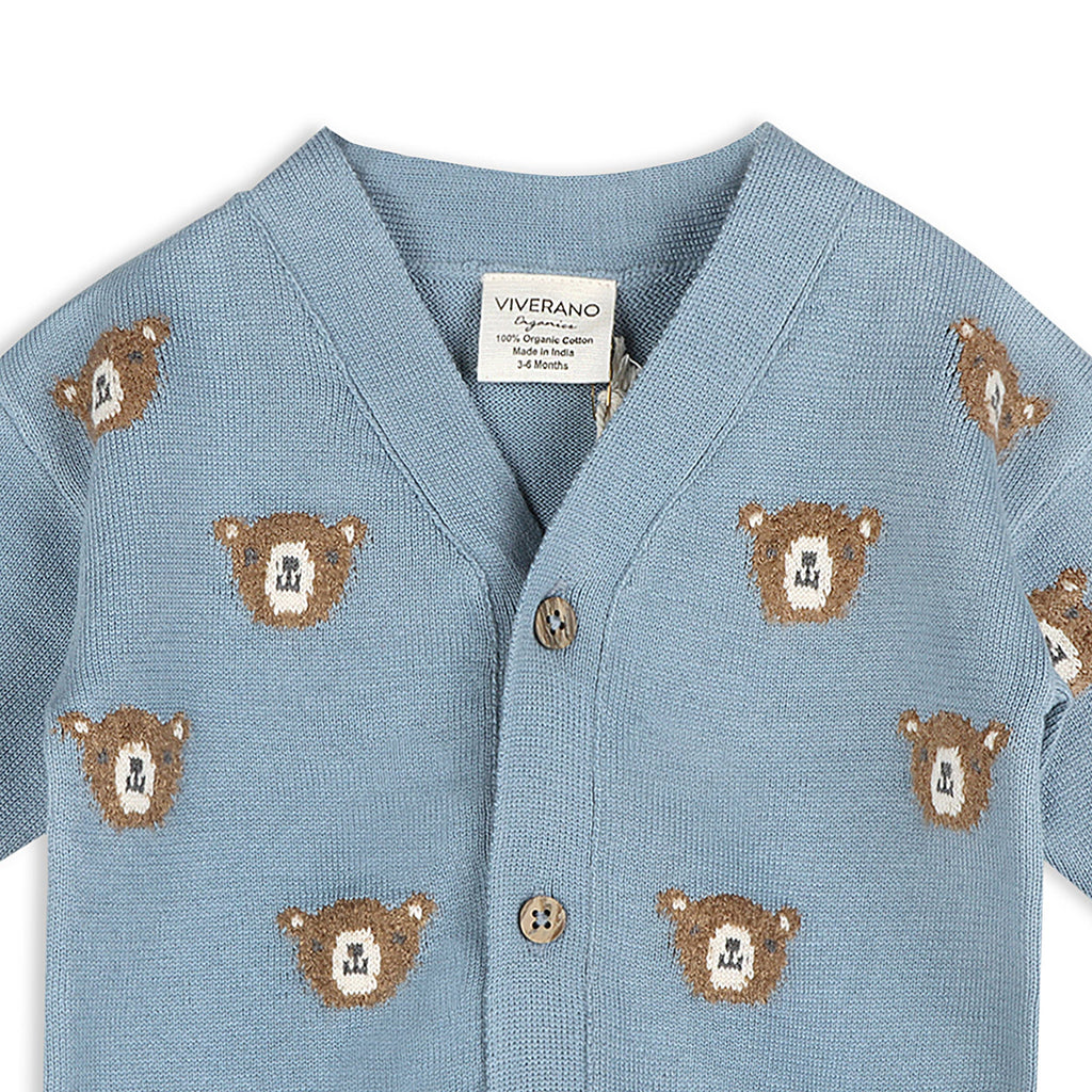 Bear Jacquard Knit Baby Cardigan (Organic Cotton): Mineral Blue / 18-24M