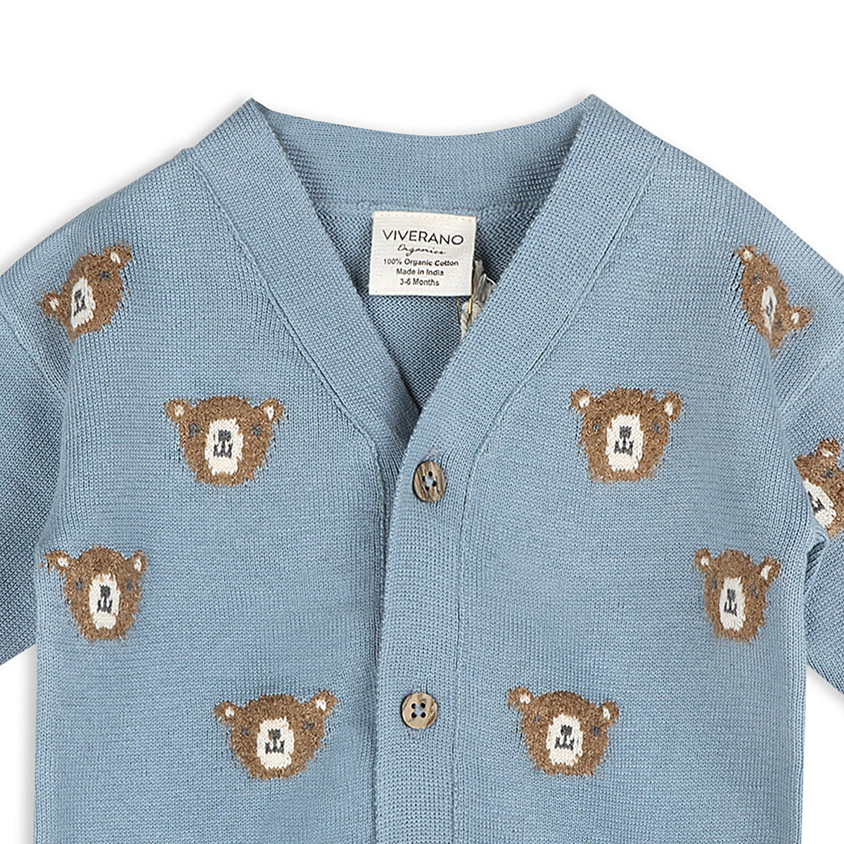 Bear Jacquard Knit Baby Cardigan (Organic Cotton): Mineral Blue / 18-24M