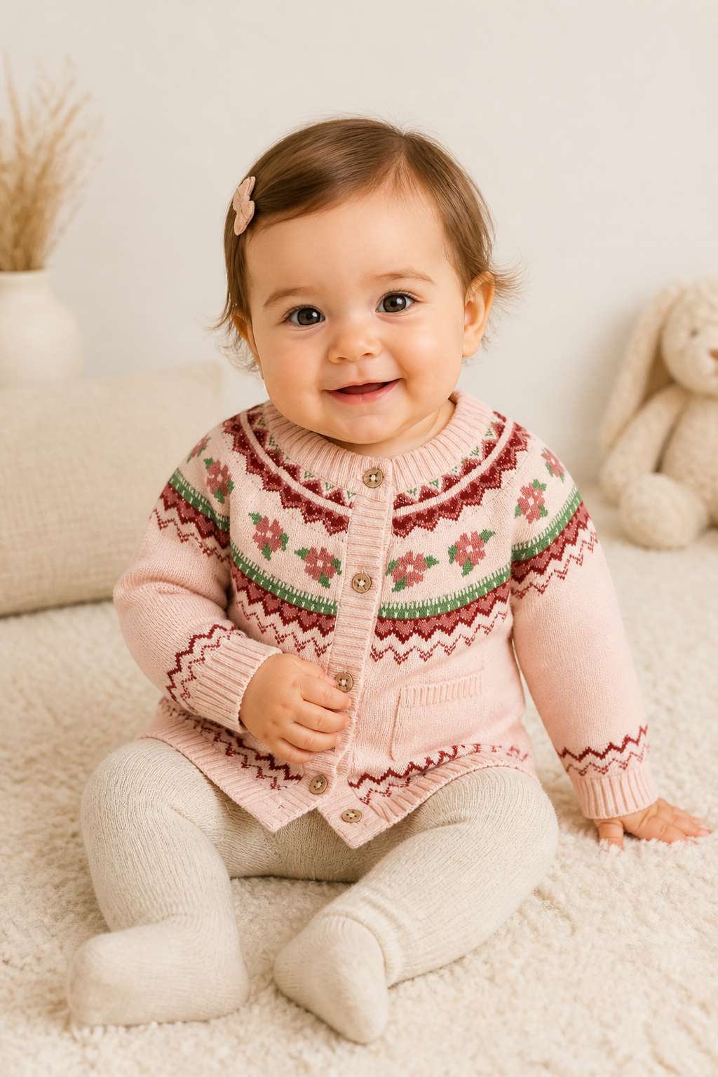 Lily Floral Fair Isle Knit Baby Cardigan (Organic Cotton): Sweet Pink / 2-3T