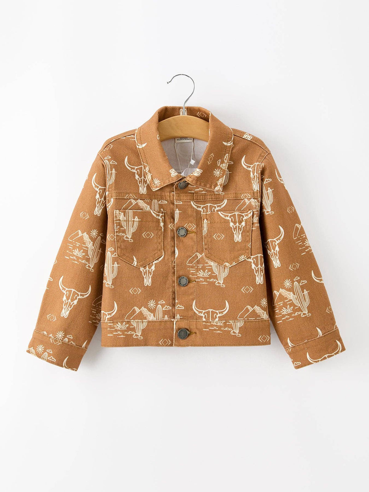 Girls Western Desert Print Brown Denim Jacket With Pockets: 4