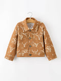 Girls Western Desert Print Brown Denim Jacket With Pockets: 2