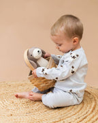 Frenchie Puppy Jacquard Knit Baby Pullover + Pants  Organic: Pearl Grey Heather / 18-24M