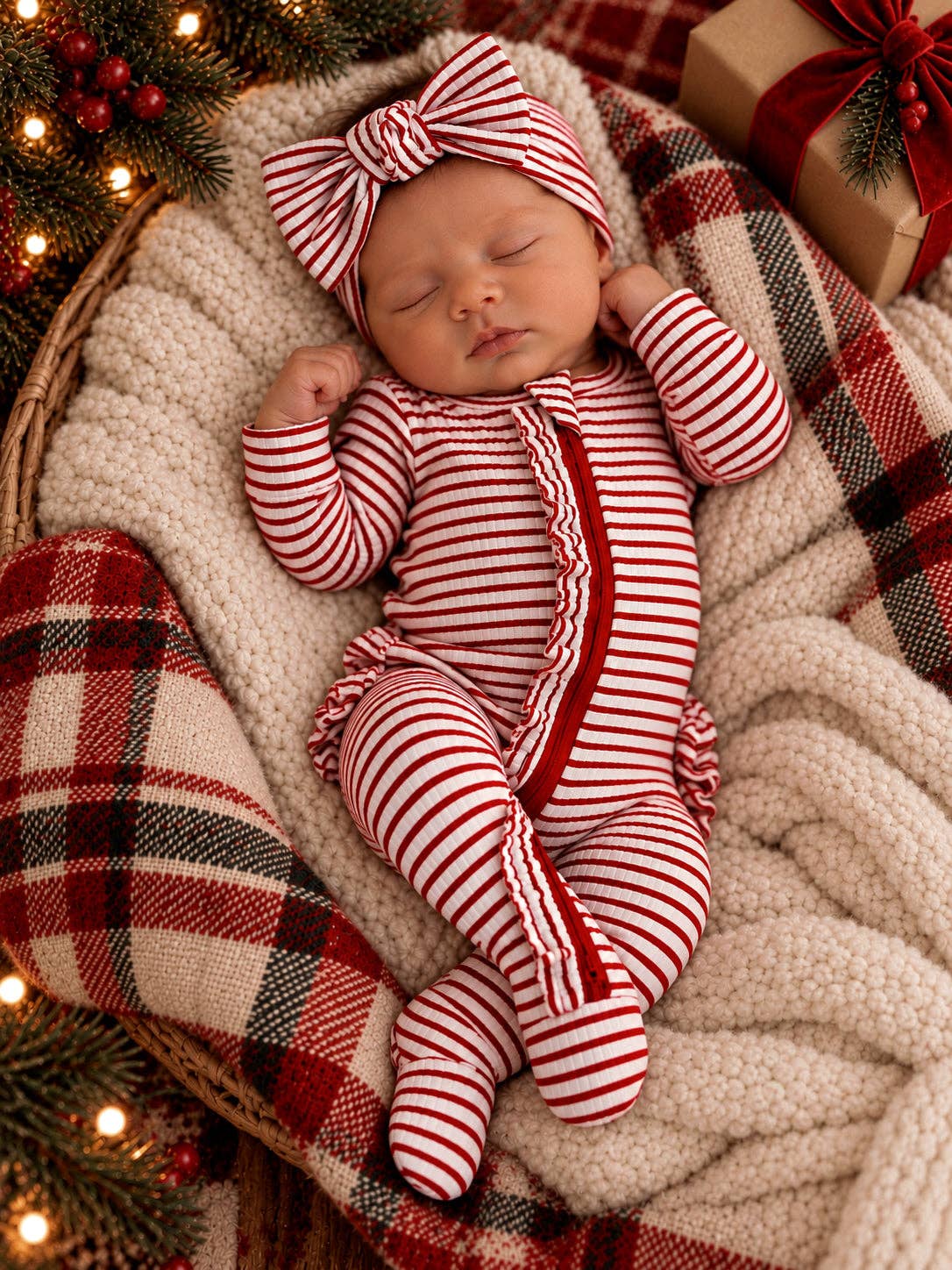 Red Stripe / Ribbed Frill 2-Way Zip Footie: 3 - 6 mo.