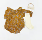 Mustard Floral Romper Set: D. 3pc Brown / 3-6 months