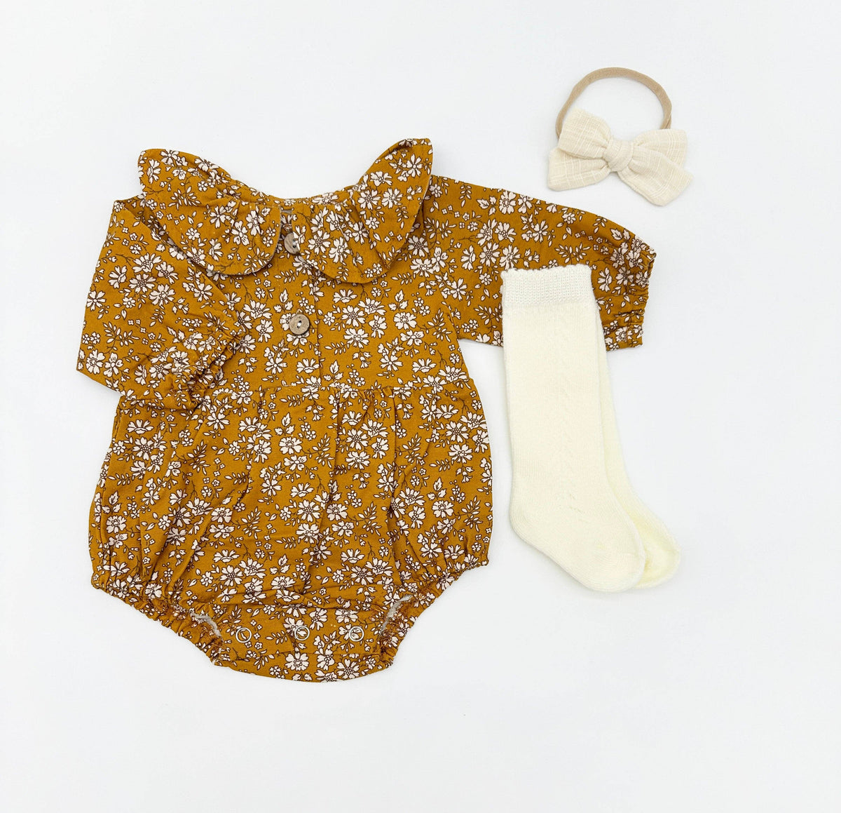 Mustard Floral Romper Set: D. 3pc Brown / 12-18 months