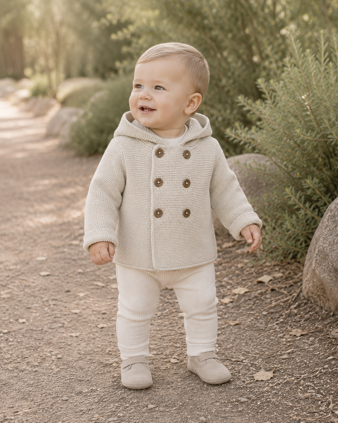 Hooded Double Button Baby Coat Jacket (Organic) 4 Colors: Stone / 6-12M