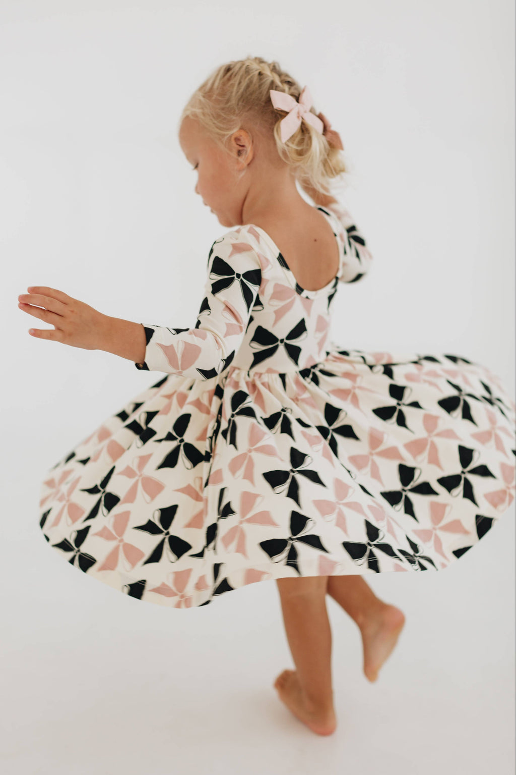 3/4 Sleeve Twirl Dress in Vintage Pink and Black Bows: Black and Pink Bows / 2