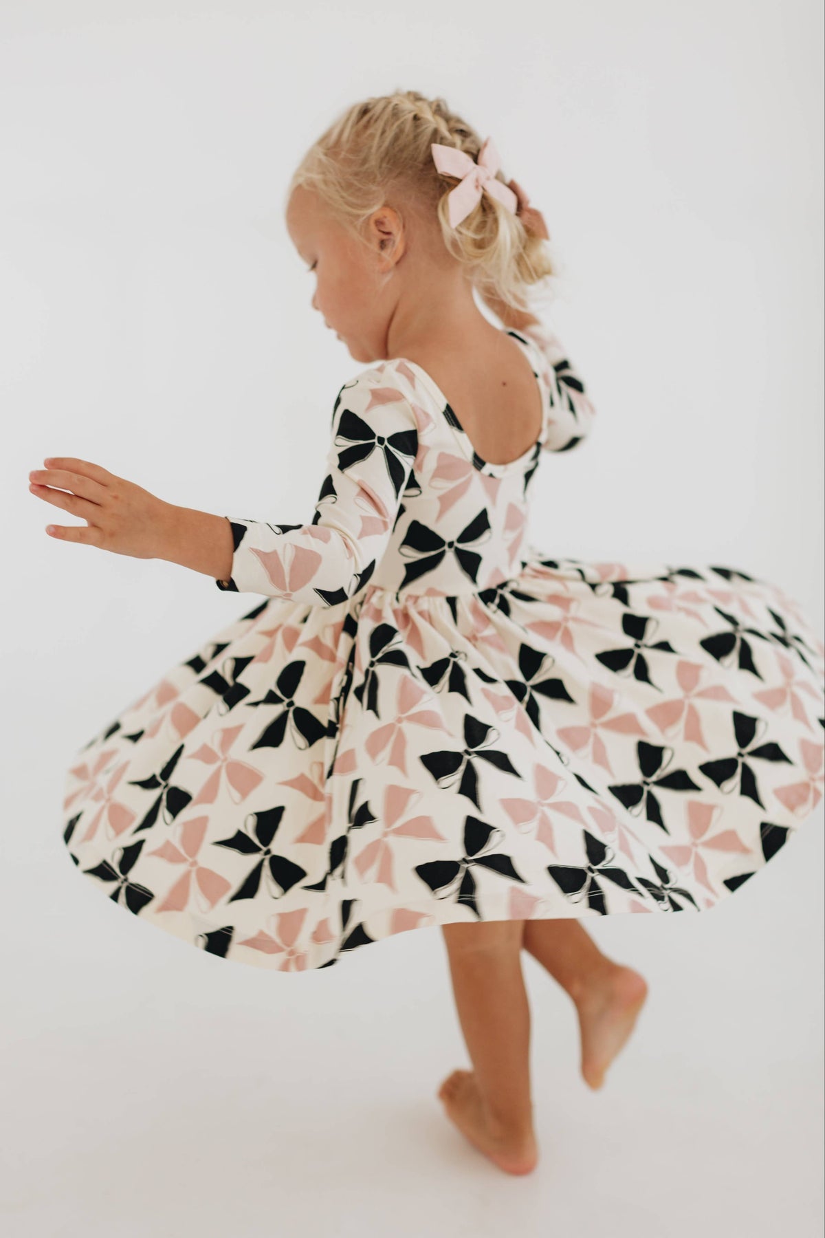 3/4 Sleeve Twirl Dress in Vintage Pink and Black Bows: Black and Pink Bows / 2