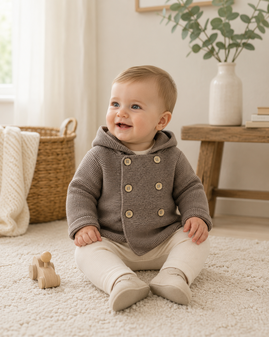 Hooded Double Button Baby Coat Jacket (Organic) 4 Colors: Stone / 12-18M