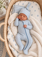 Dusty Blue Stripe / Ribbed 2-Way Zip Footie: 0-3M