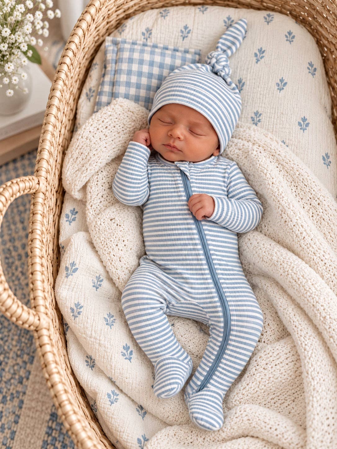 Dusty Blue Stripe / Ribbed 2-Way Zip Footie: 6-9M