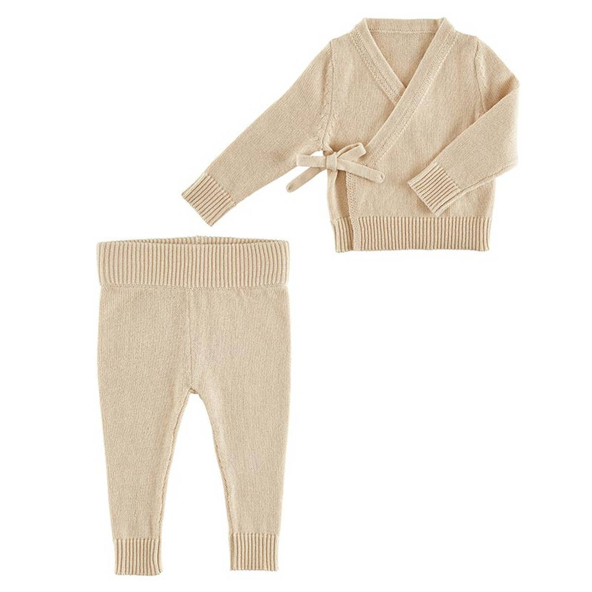 Two-Piece Knit Wrap Set - Oat: 100 % Cotton Knit / 3-6M