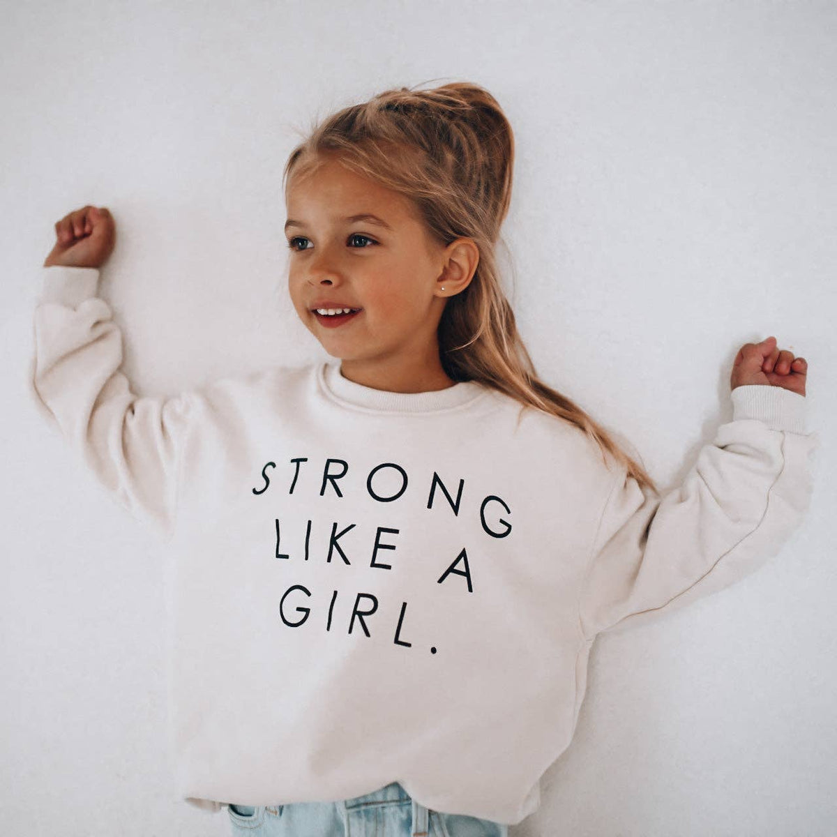 STRONG LIKE A GIRL pullover | in black |oversized drop shoulder | KIDS: OFF WHITE / 6-12M BUBBLE ROMPER
