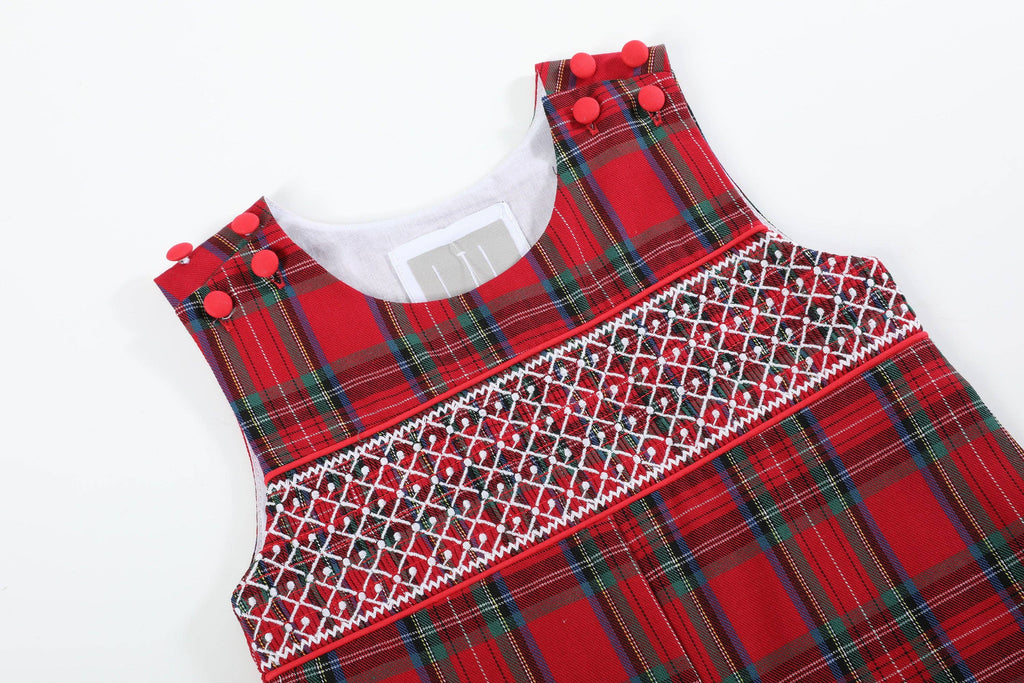 Red and Green Christmas Plaid Smocked Overalls: 2T